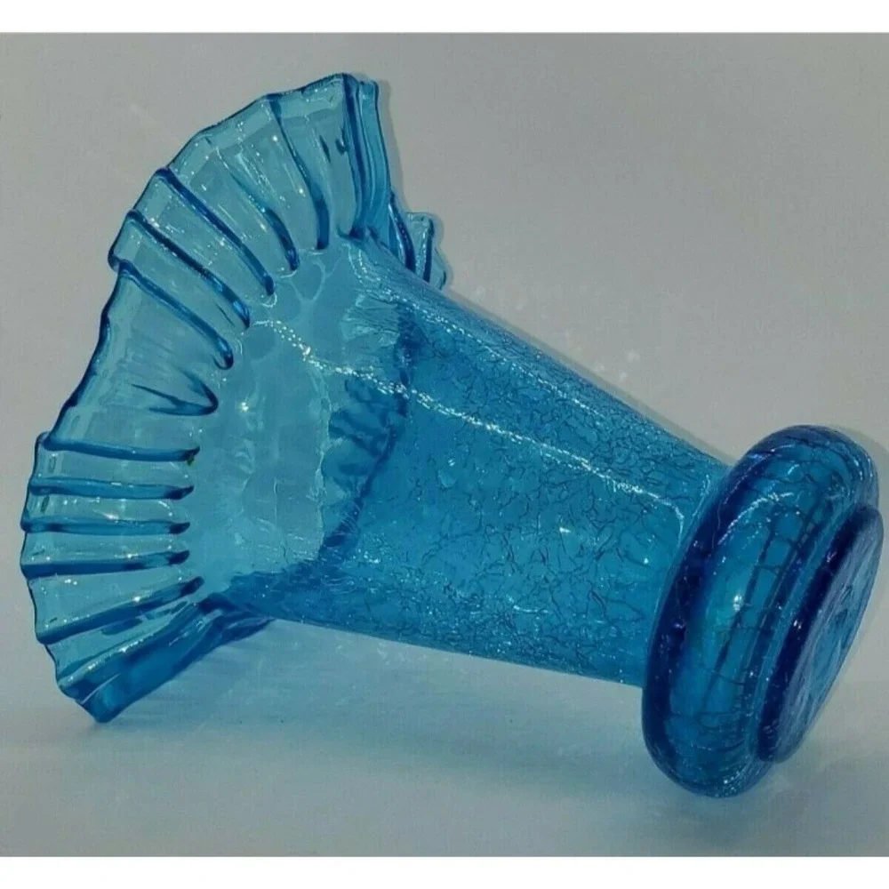 Vintage 1940's Beacon Glass Azure Blue Hand Blown Ruffle Crackle Vase  MCM  1of2